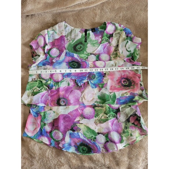 Sheer Bold Floral Tiered Double Layer‎ Cap Sleeve Blouse Top Large - Picture 8 of 9